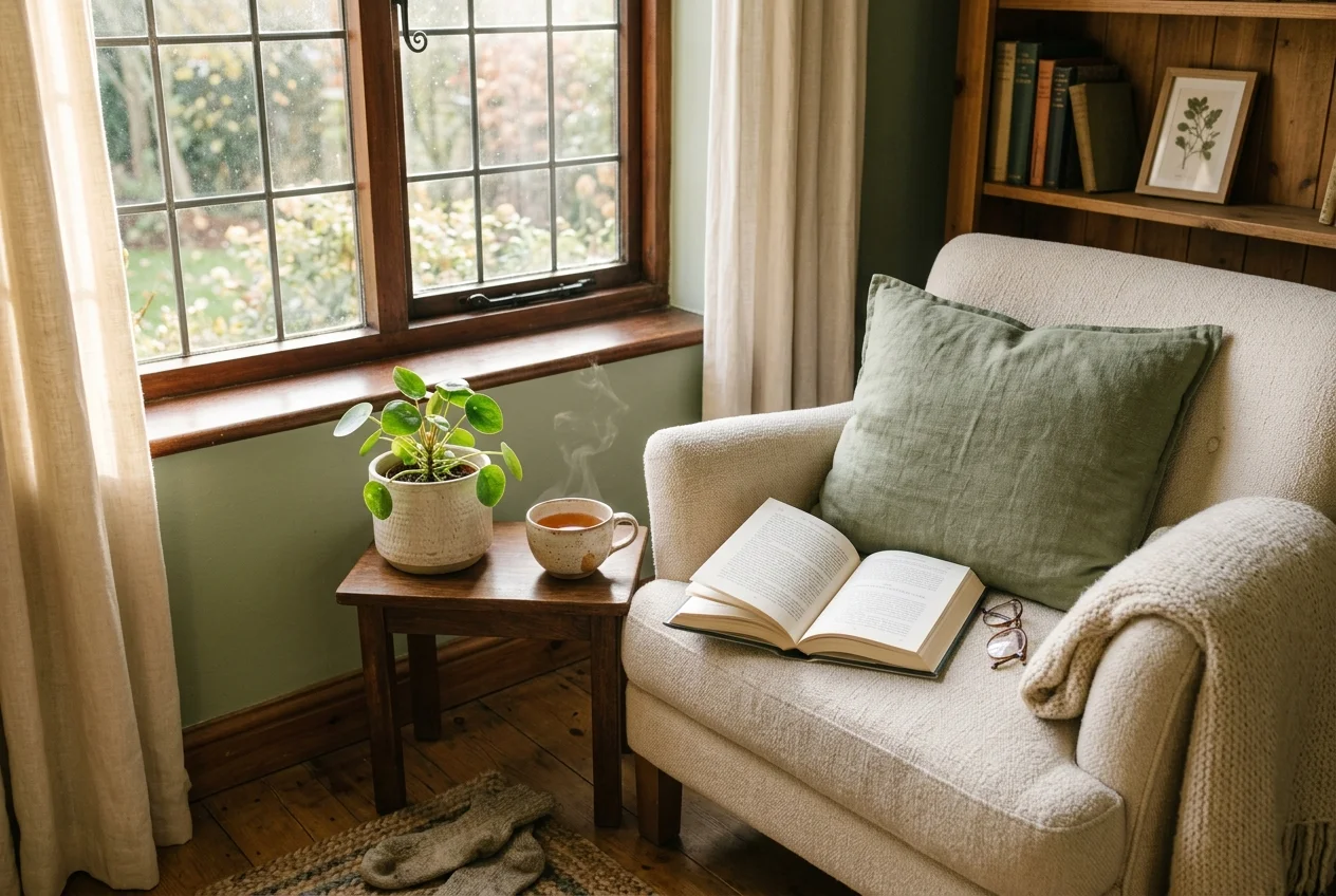 Open book, houseplant, and cup of tea on a sunlit table with no screens in sight