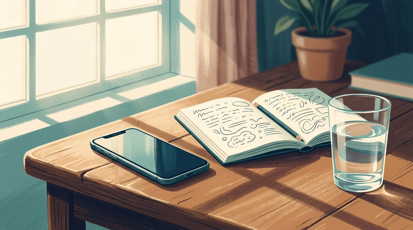 Smartphone placed face-down on a wooden table next to a journal and glass of water