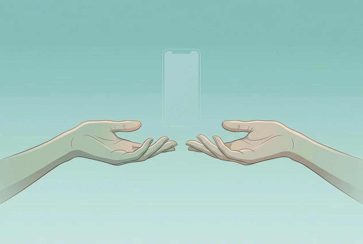 Empty hands reaching toward a phone-shaped void with soft teal gradient background