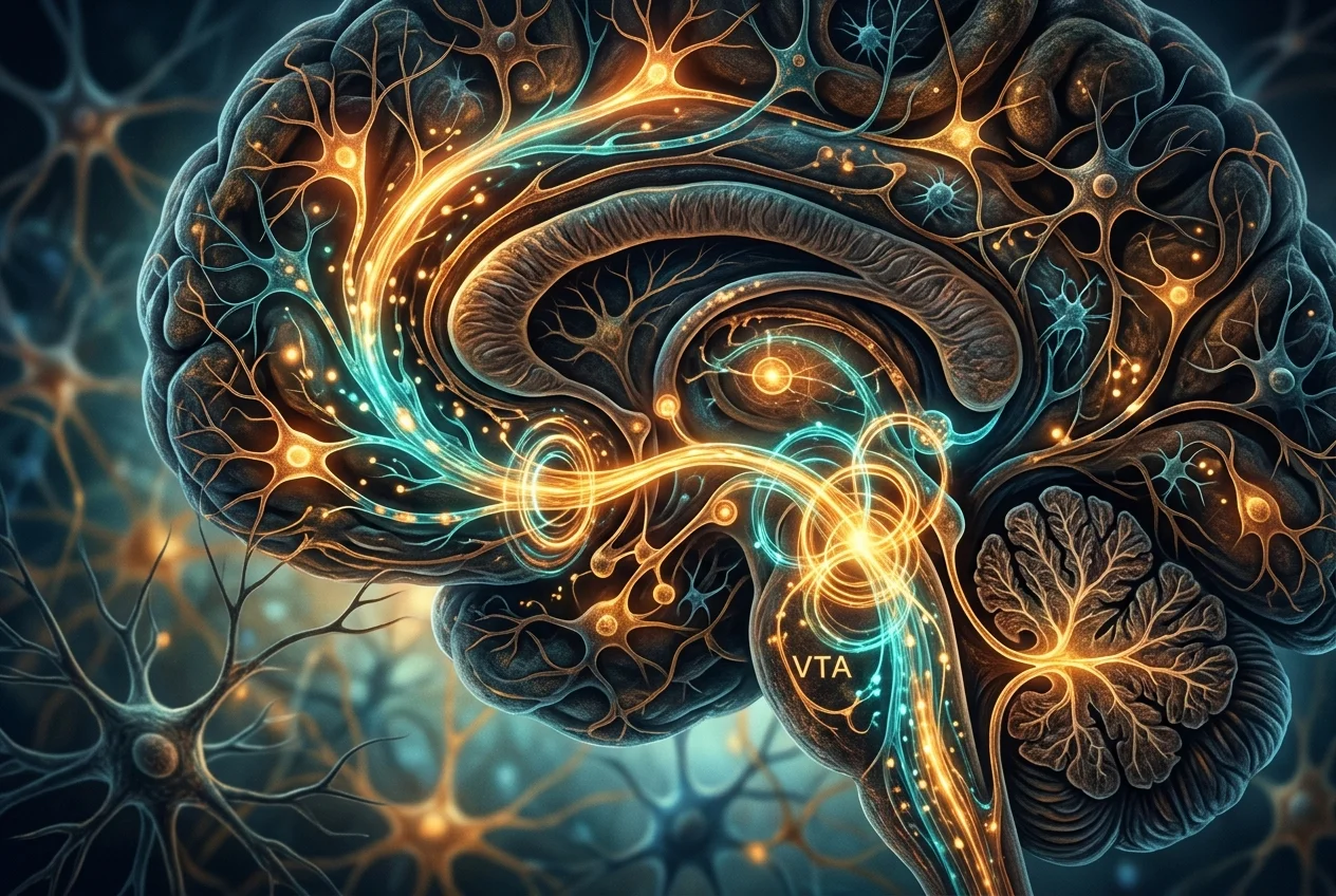 Abstract illustration of neural dopamine pathways with ADHD brain activity visualization, teal and warm amber tones