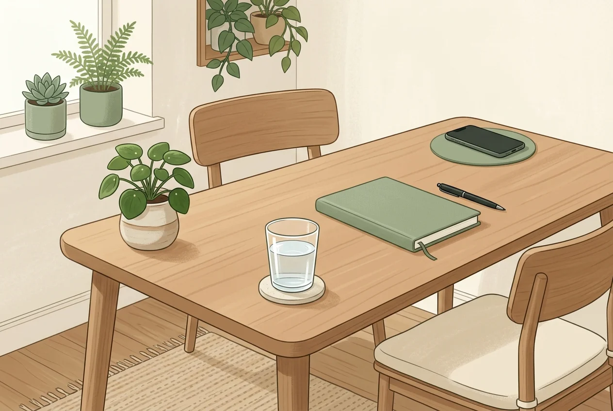 Calm, organized desk environment with phone face-down, water glass, and minimal distractions, ADHD-friendly setup