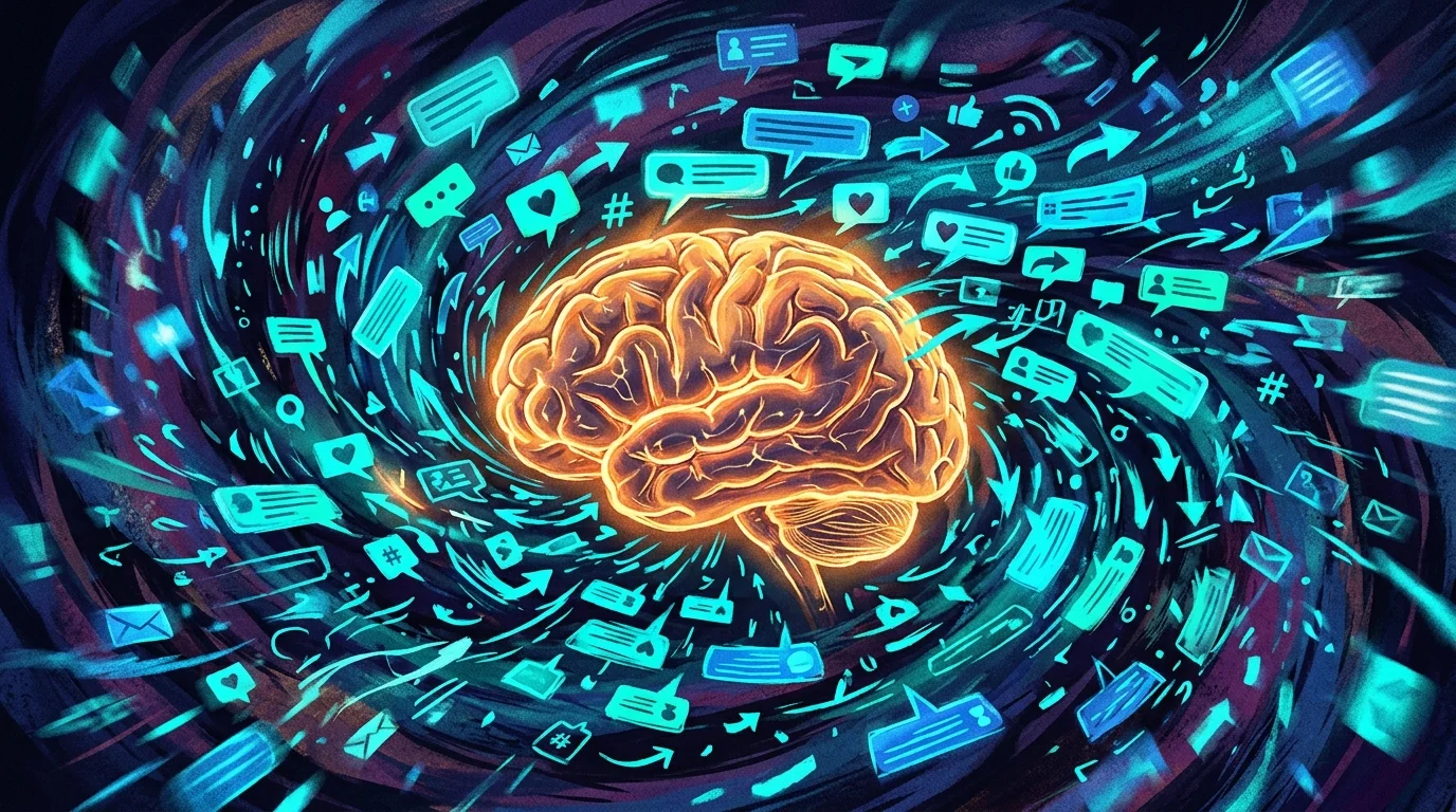 ADHD phone addiction concept — a brain with glowing social media notification signals, teal and amber tones