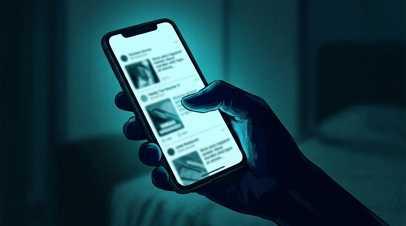 Glowing smartphone screen displaying a distorted feed of repetitive AI-generated images in a dark room — AI brain rot