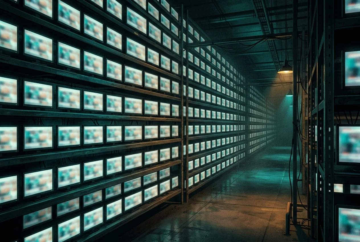 Conveyor belt of identical glowing screens producing repetitive content, teal industrial aesthetic, no faces visible