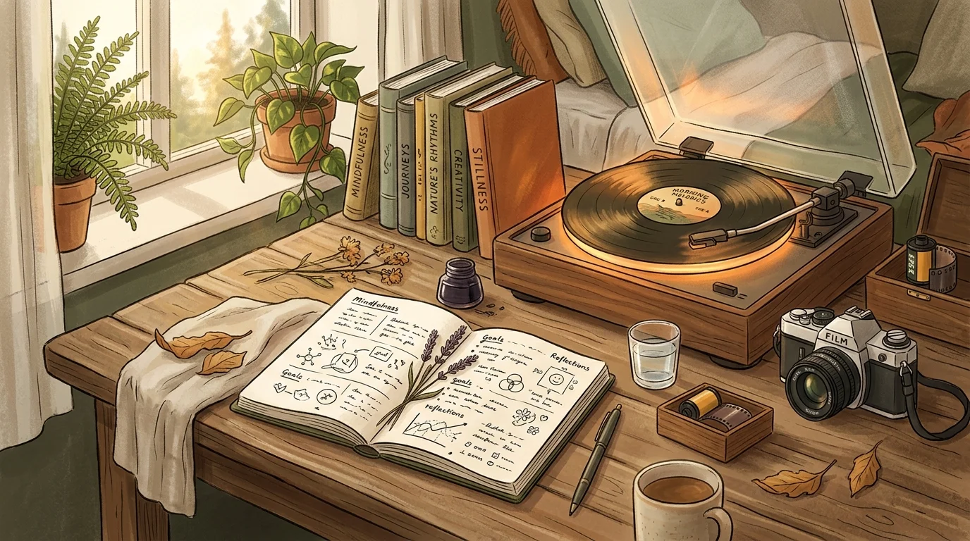 Analog wellness setup — paper planner, vinyl record player, film camera on a wooden desk, warm natural light