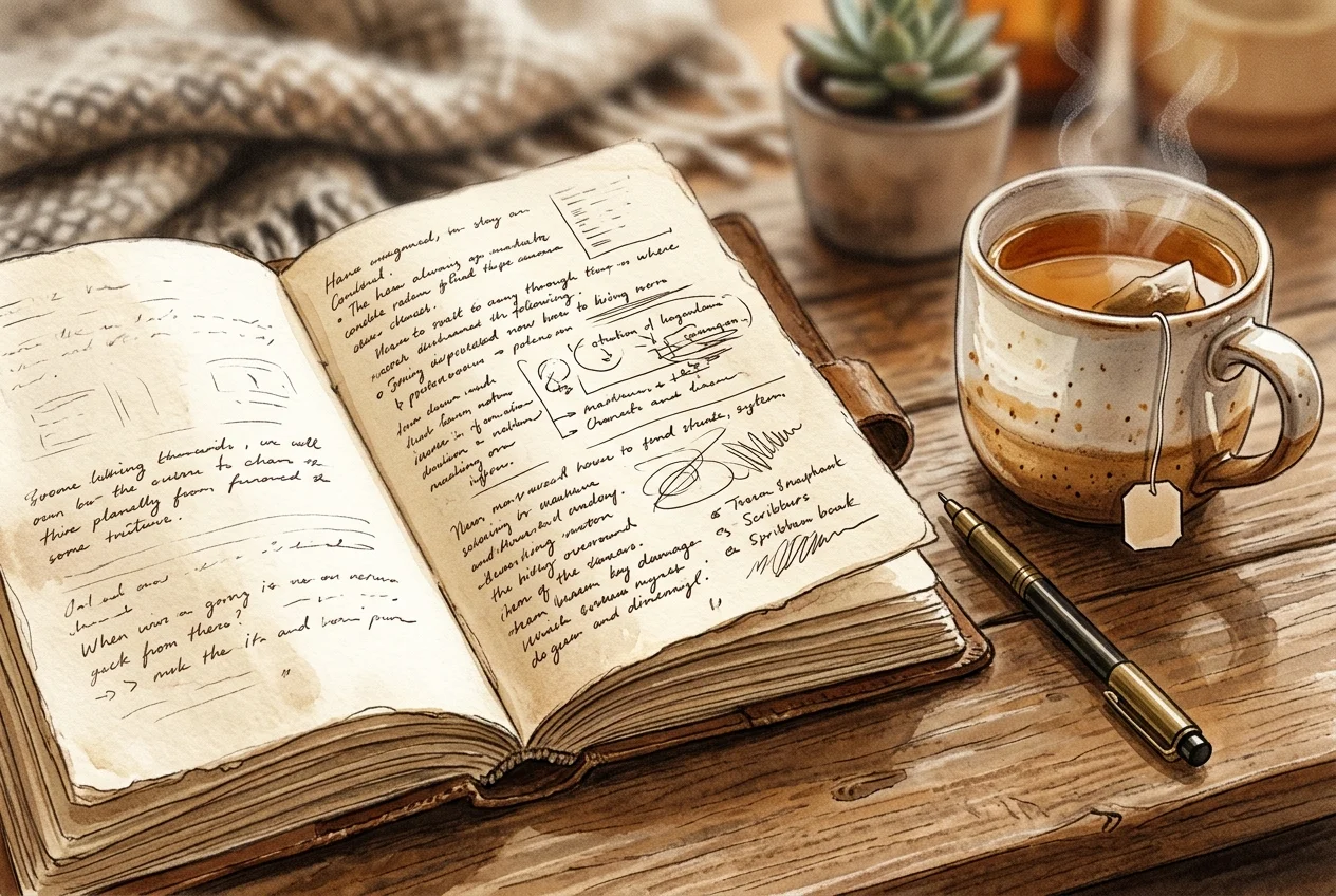 Close-up of handwritten journal pages beside a pen and a cup of tea, warm analog wellness atmosphere