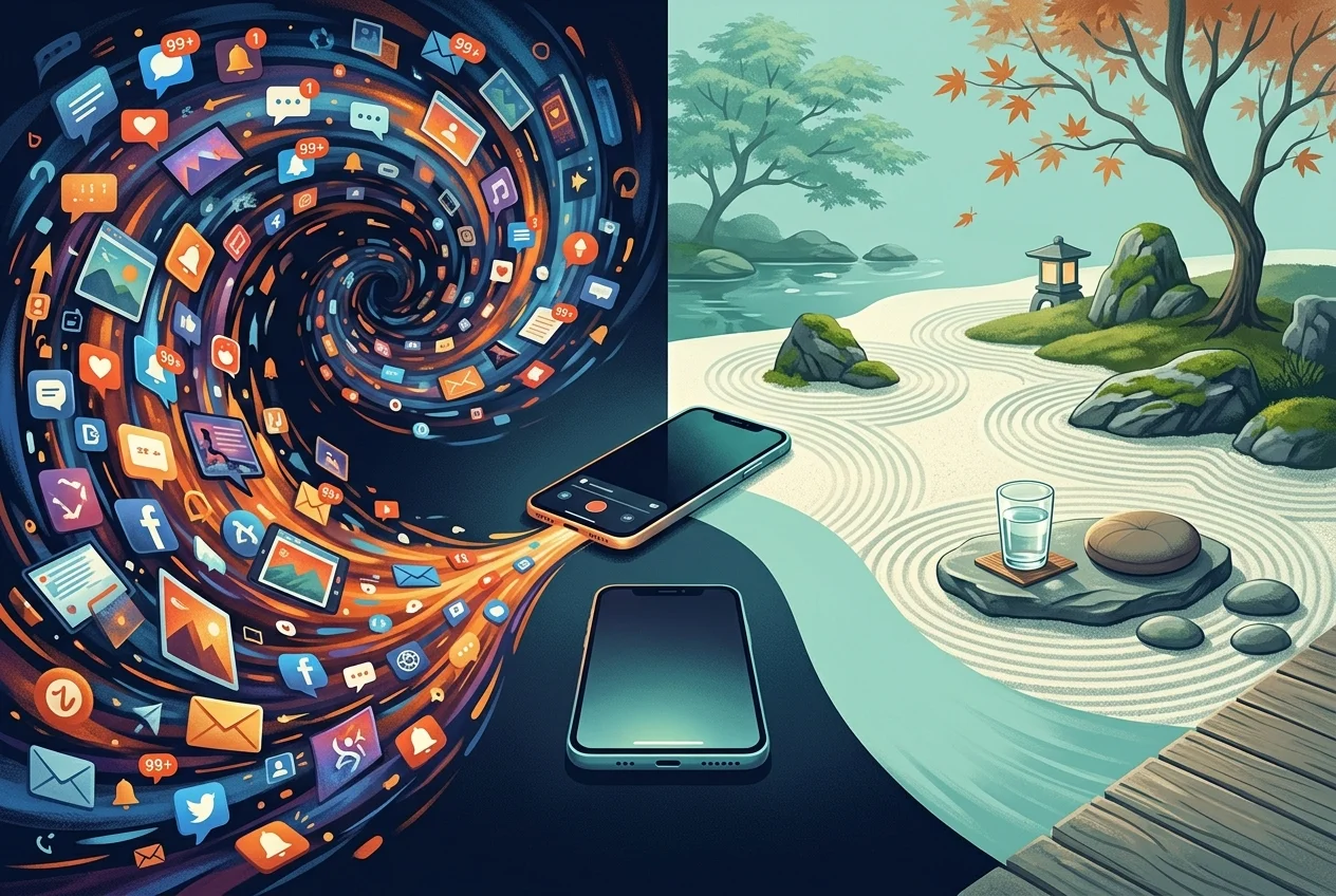 Two paths from a smartphone, one to chaotic notifications and one to a calm zen garden