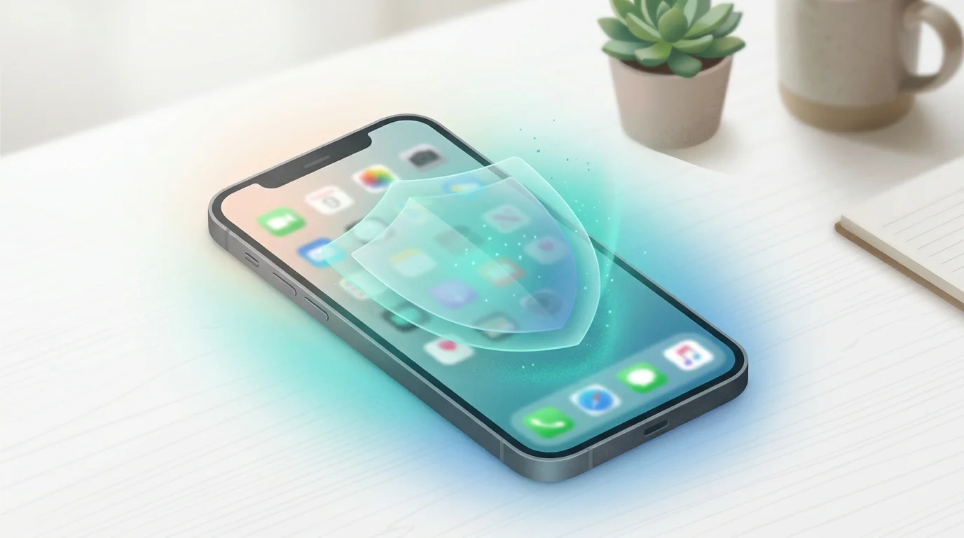 iPhone with a translucent shield barrier over app icons representing app blocking