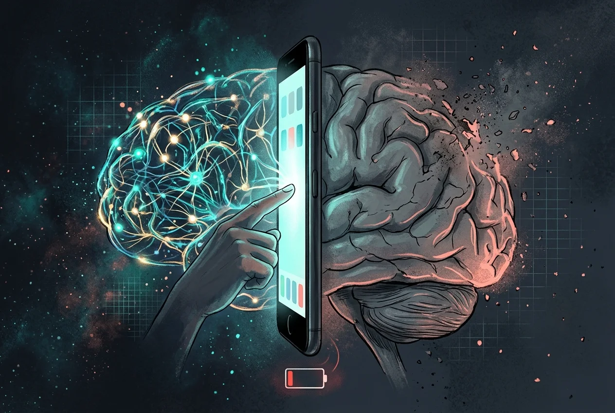 Brain split between vibrant neural connections and exhausted neurons with smartphone at center