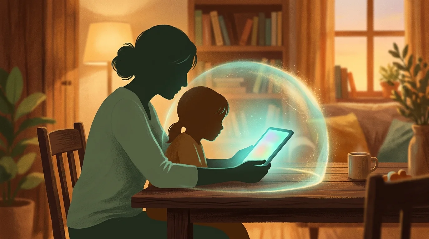 Parent and child sitting together looking at a tablet with a calm, controlled digital environment around them