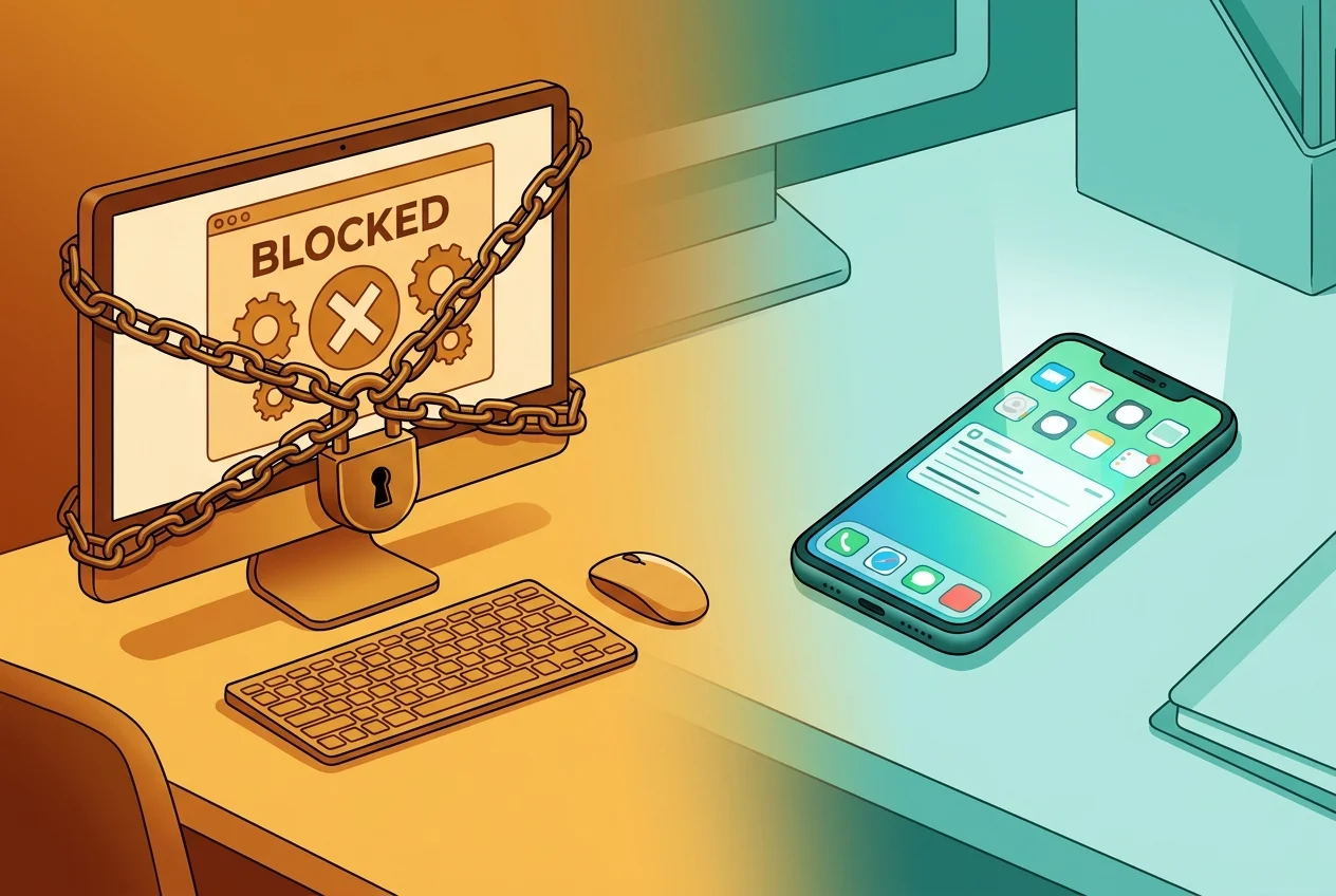 Person switching from a desktop computer to scrolling on their phone