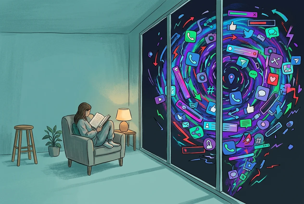 Person reading peacefully indoors while a storm of notifications swirls outside the window