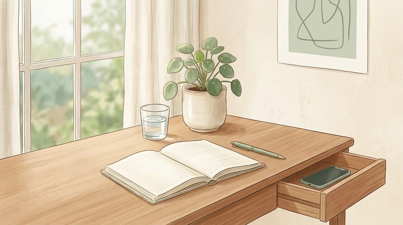 Minimal desk with notebook, pen, plant, and glass of water with phone tucked in drawer