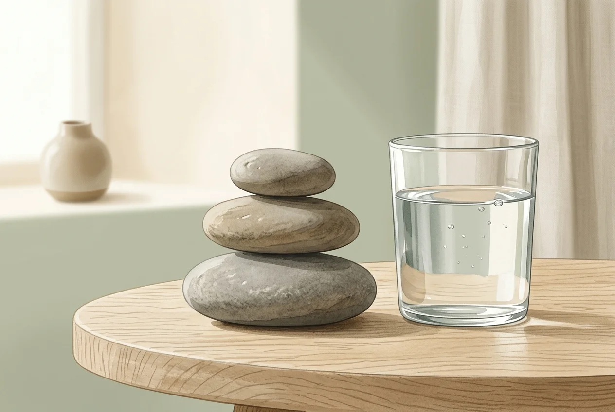 Three smooth stones stacked on a wooden surface next to a glass of water, representing progressive levels of digital detox