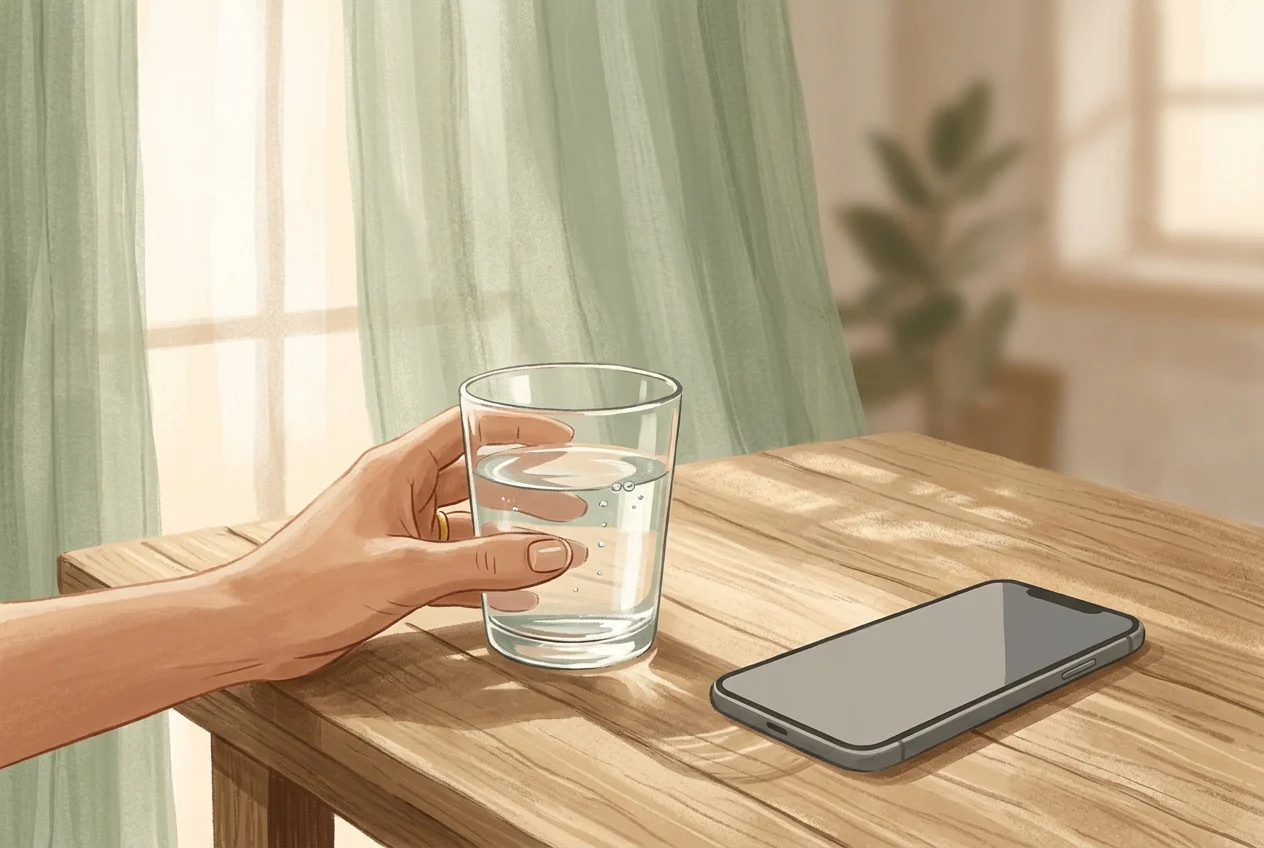 Person holding a glass of water beside a minimal phone setup, intentional and calm atmosphere