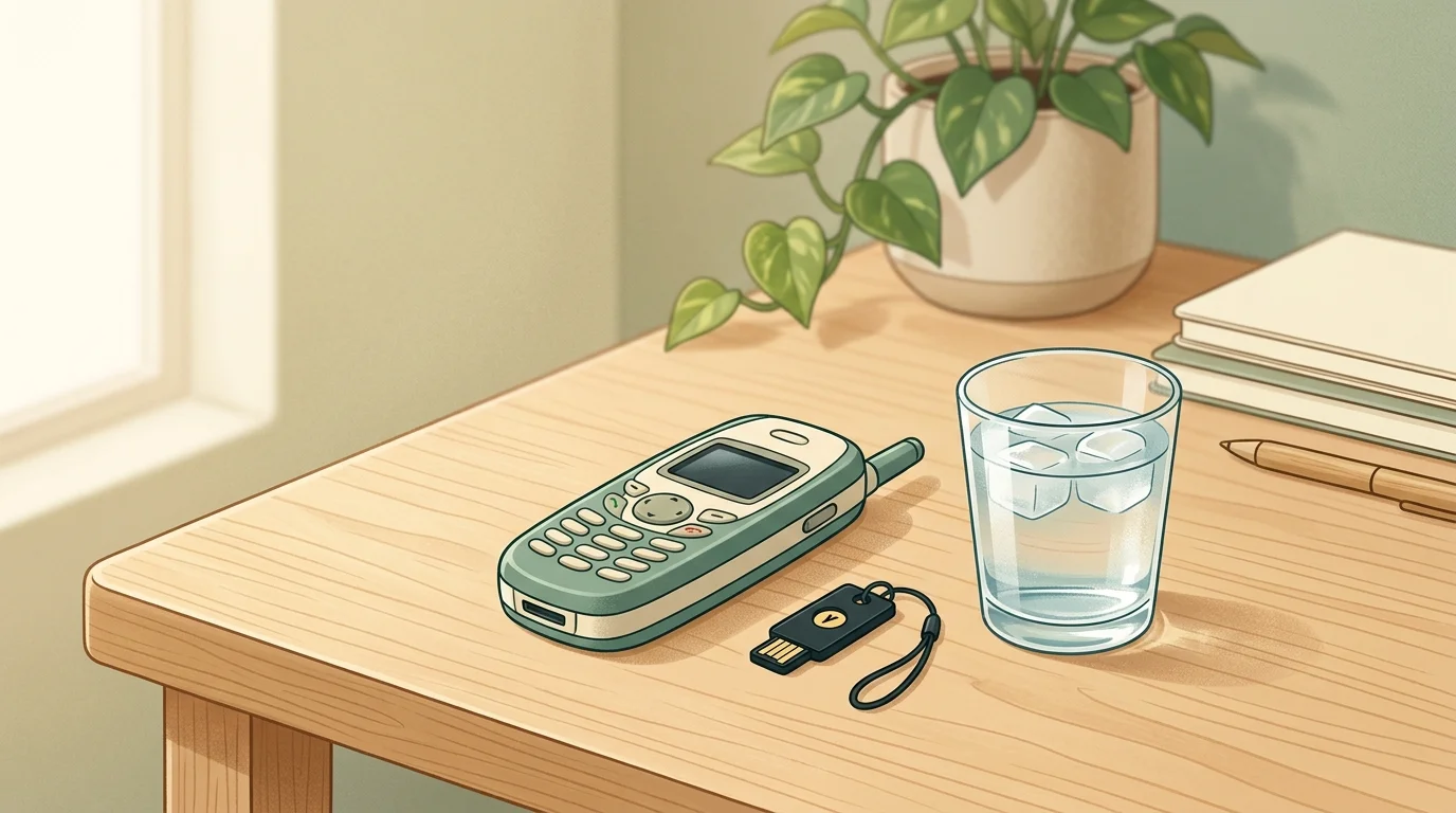 A basic flip phone beside a hardware security key and a glass of water, digital minimalism concept