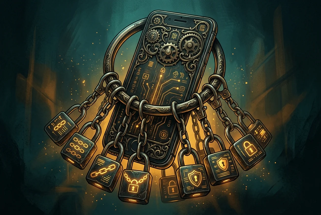 Illustration of a smartphone with multiple digital lock icons, representing authentication dependencies