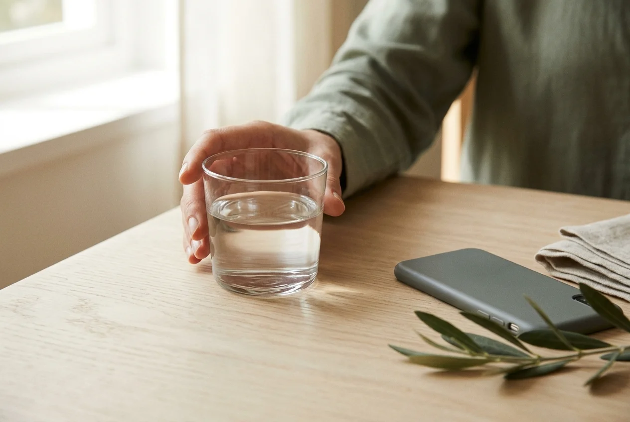 A hand pausing to pick up a glass of water instead of a phone, gentle morning light, teal and warm neutral tones