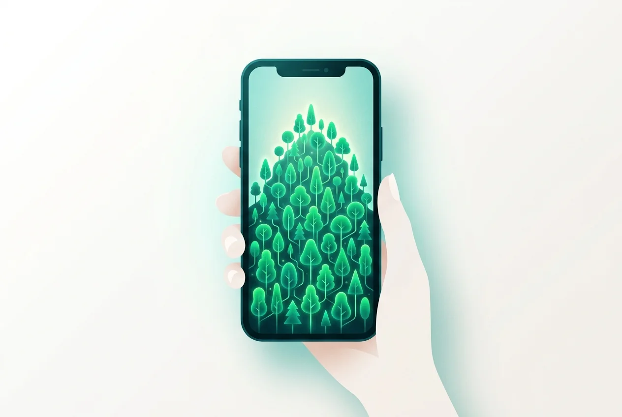 Lush virtual forest of glowing green trees growing on a smartphone screen, representing gamification in the Forest app