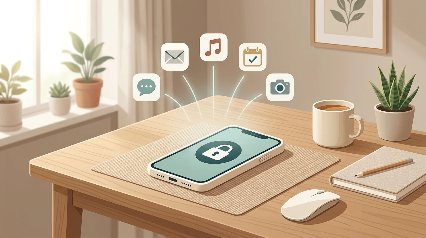 Smartphone surrounded by app blocker icons on a clean desk with soft teal lighting