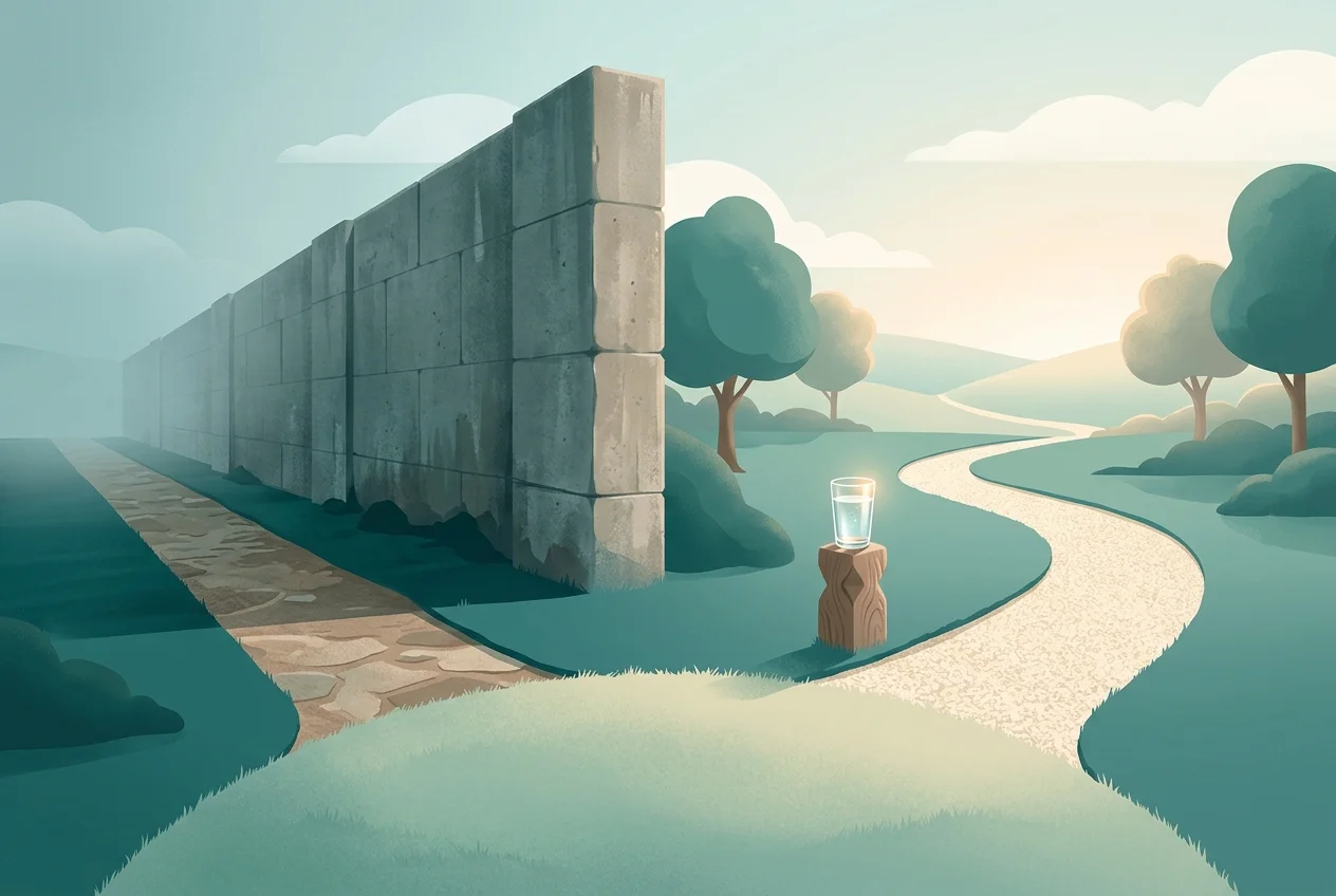 Two paths diverging: one blocked by a wall, one gently curving with a glass of water