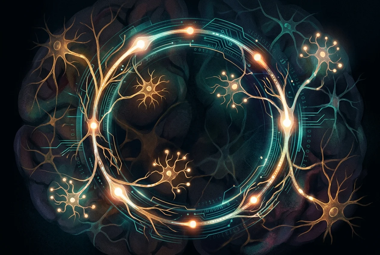 Abstract neural pathway visualization with reward signals lighting up, teal and amber tones