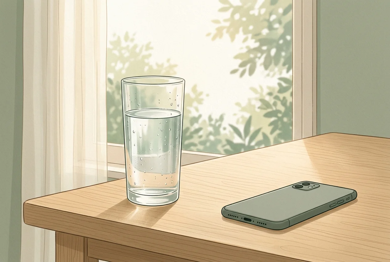 Glass of water beside a phone face-down on a wooden desk, soft morning light, calm and intentional