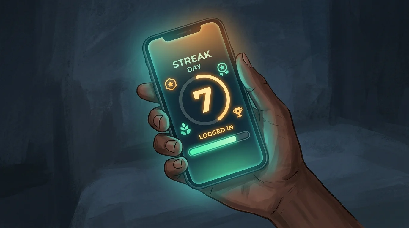Gamified screen time app showing streak counter and badges on a smartphone, warm teal glow