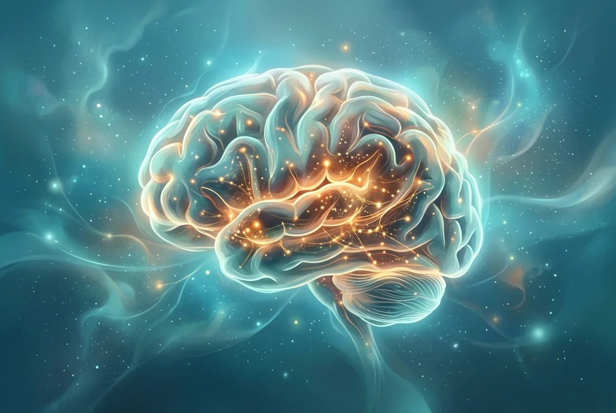 Abstract visualization of the brain's default mode network activating during quiet rest, soft teal and amber tones