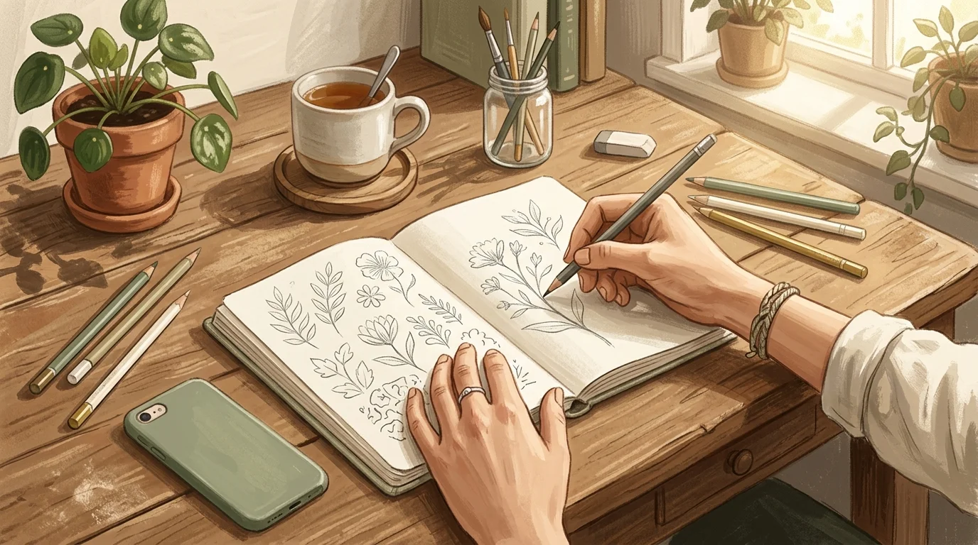 Person's hands sketching in a notebook beside a phone placed face-down, warm afternoon light, hobbies instead of scrolling