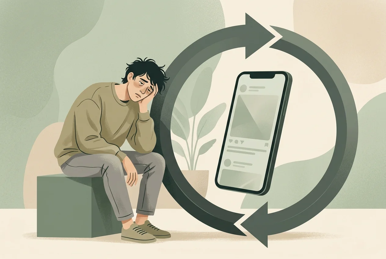 Circular arrow loop around a smartphone with a person looking exhausted beside it