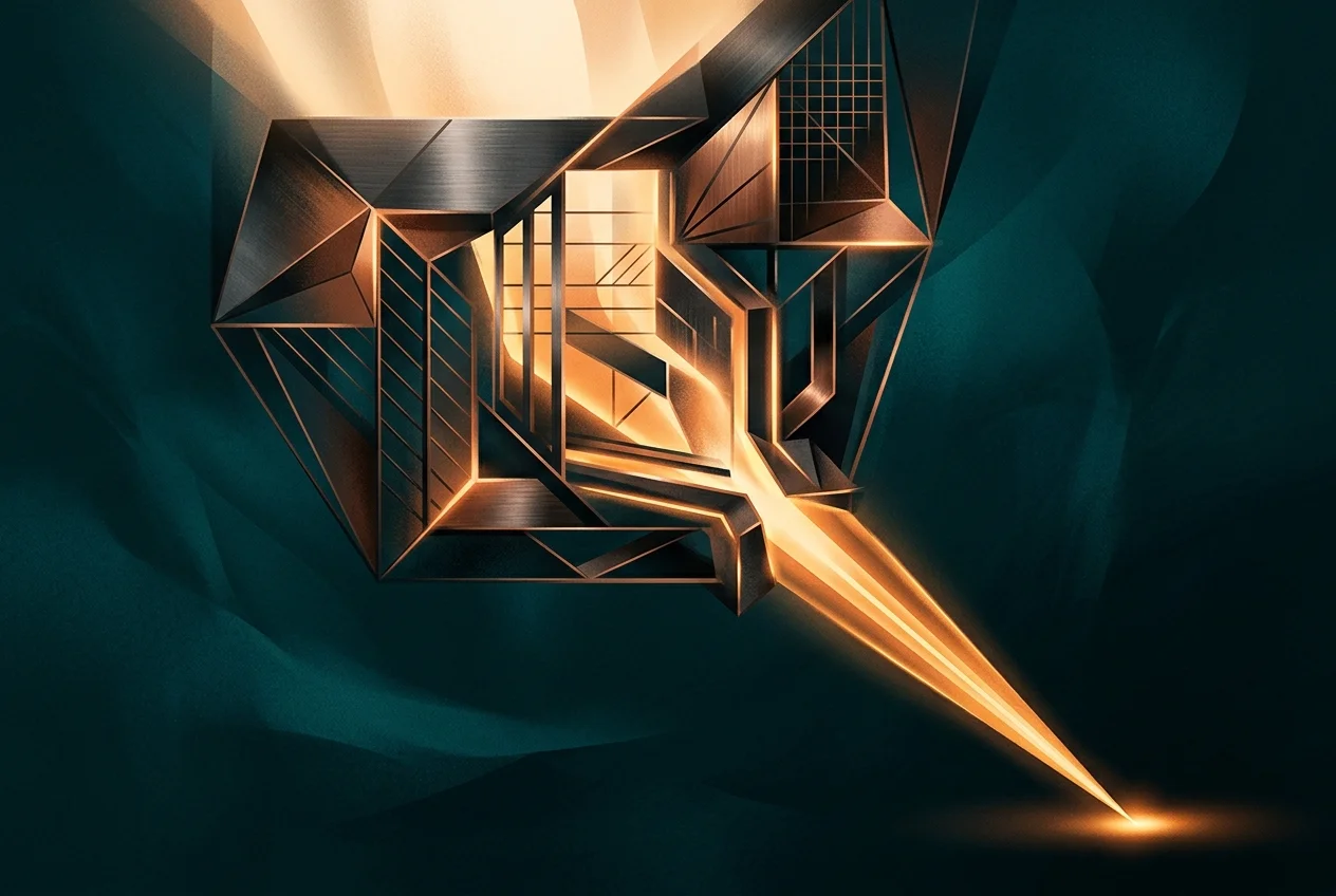 Abstract illustration of focused light narrowing through a frame, warm amber and teal tones suggesting contained energy