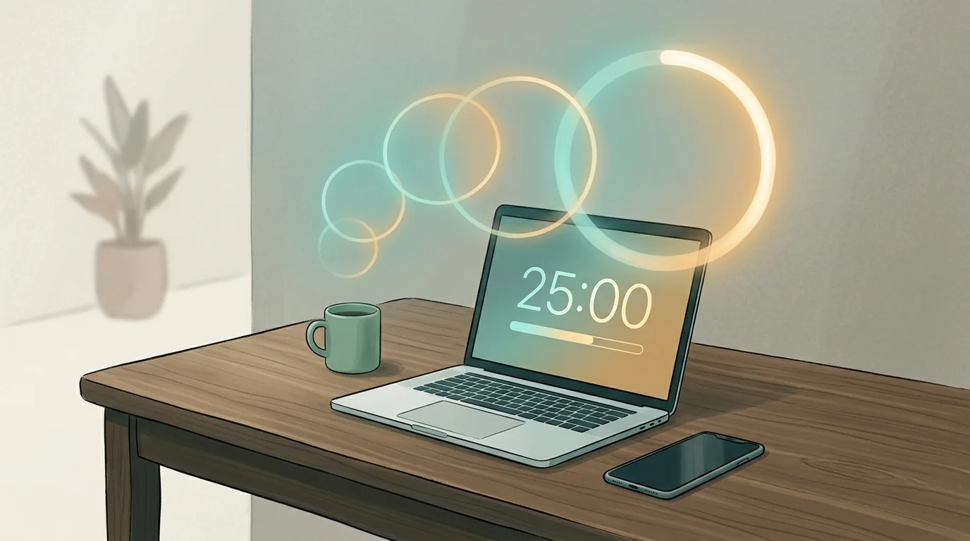 Pomodoro timer and website blocker app on a laptop screen beside a phone, focused productive workspace