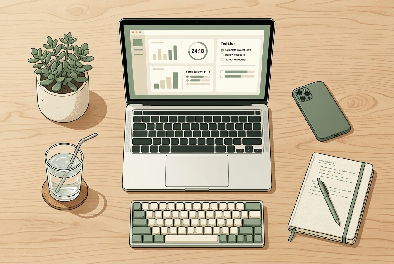 Clean productive desk setup with timer app visible on screen, phone face-down, minimal distractions