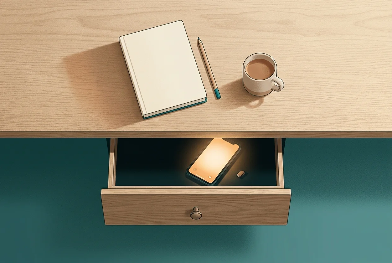 Closed desk drawer with faint phone glow inside, clean desk surface, focused workspace atmosphere