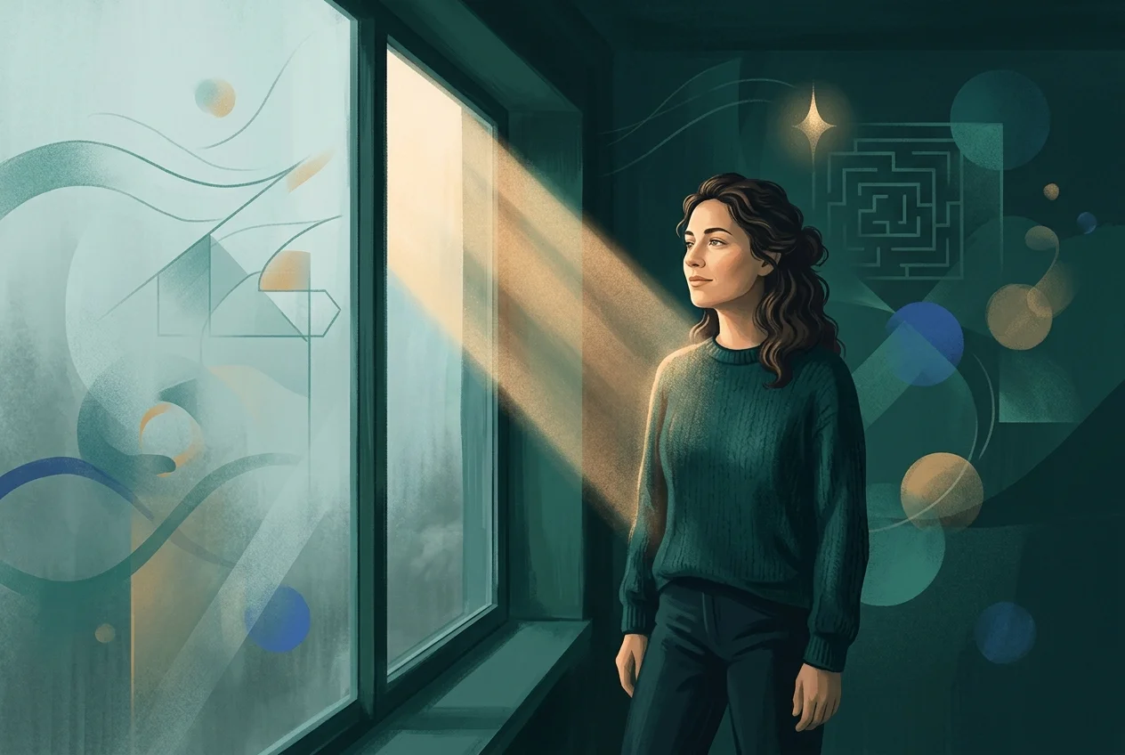 Person at window in calm contemplation, single beam of light, serene and focused atmosphere
