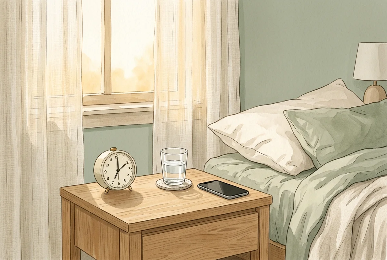 Bedside table at dawn with an analog alarm clock, glass of water, and smartphone placed face-down — peaceful morning without screen time