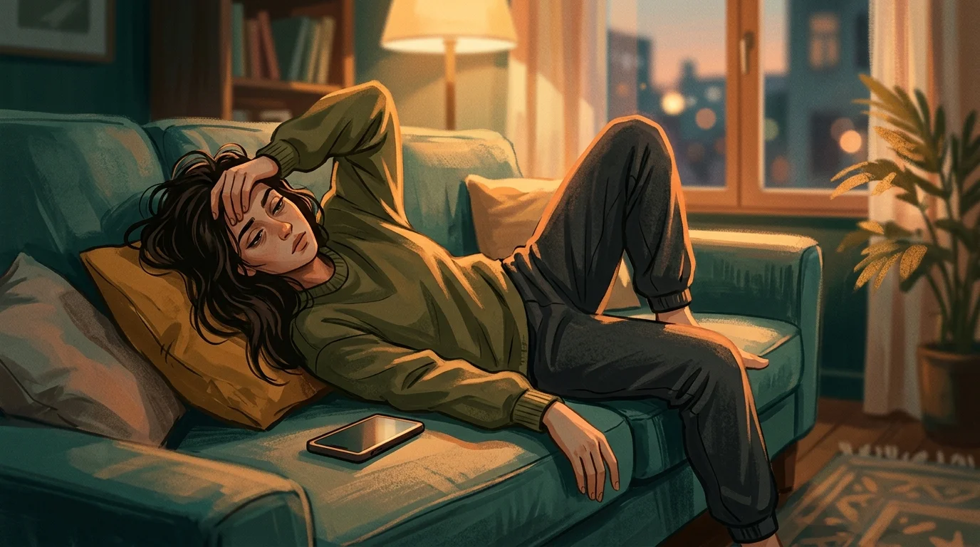 Person lying on a couch scrolling on phone looking tired, why scrolling is not restful