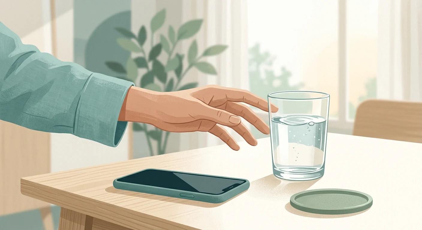 Person drinking a glass of water next to a smartphone — the Sip & Scroll friction ritual before opening social media