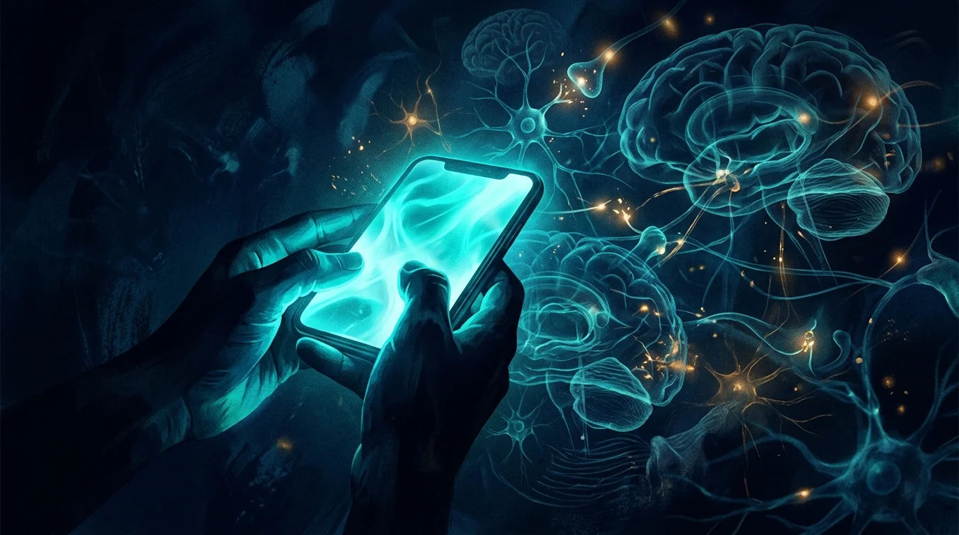 Glowing smartphone held up against a dark background, light casting shadows across a person's face, social media brain damage concept
