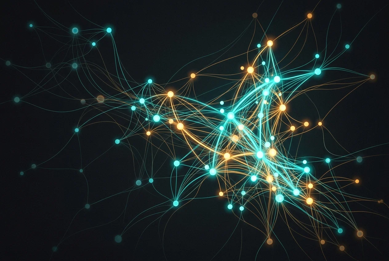 Abstract neural network visualization showing interconnected brain cells with teal and amber light, representing brain structure and neuroplasticity
