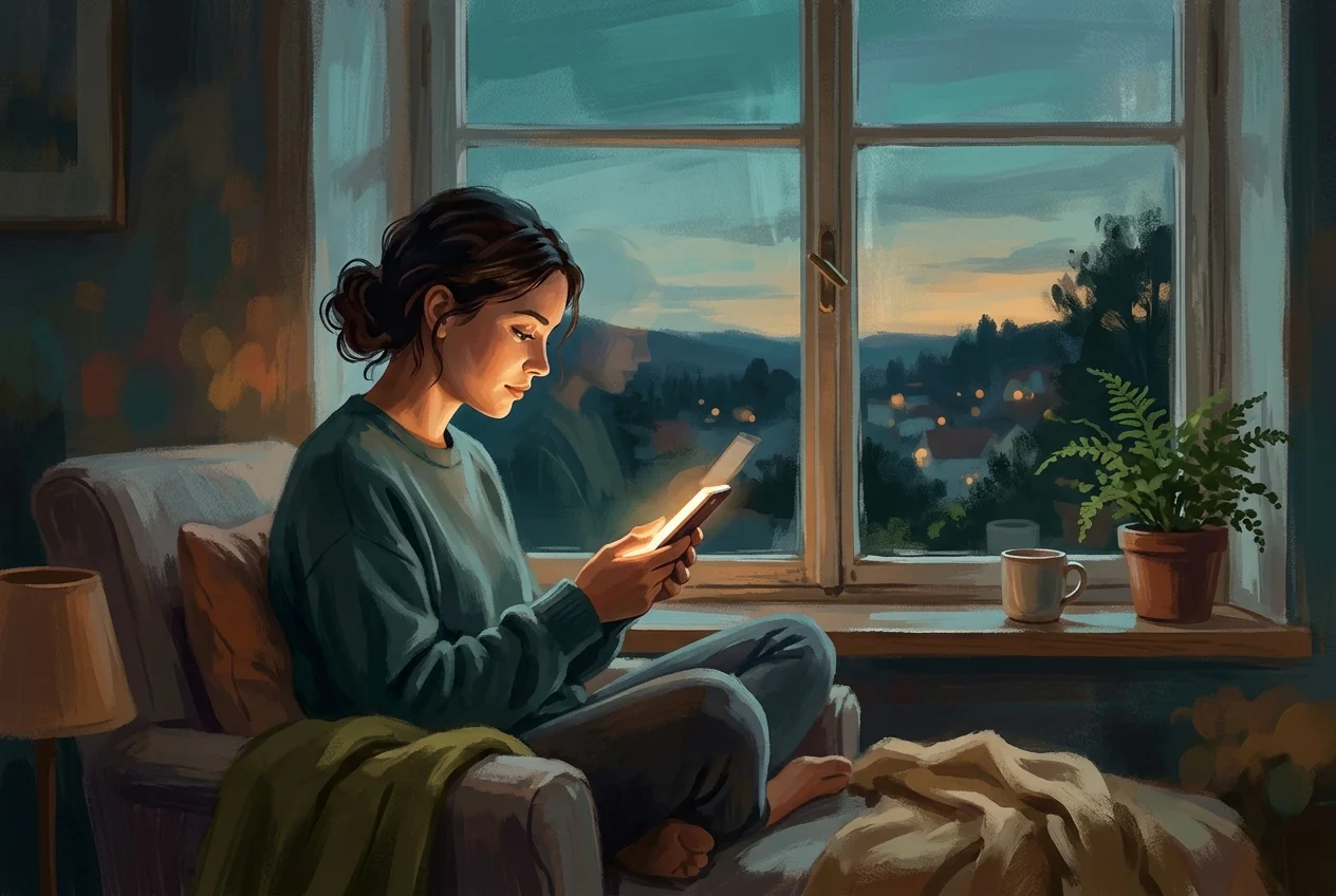 Person sitting alone at dusk, phone glowing in their hands, scrolling through a feed, muted teal and amber tones