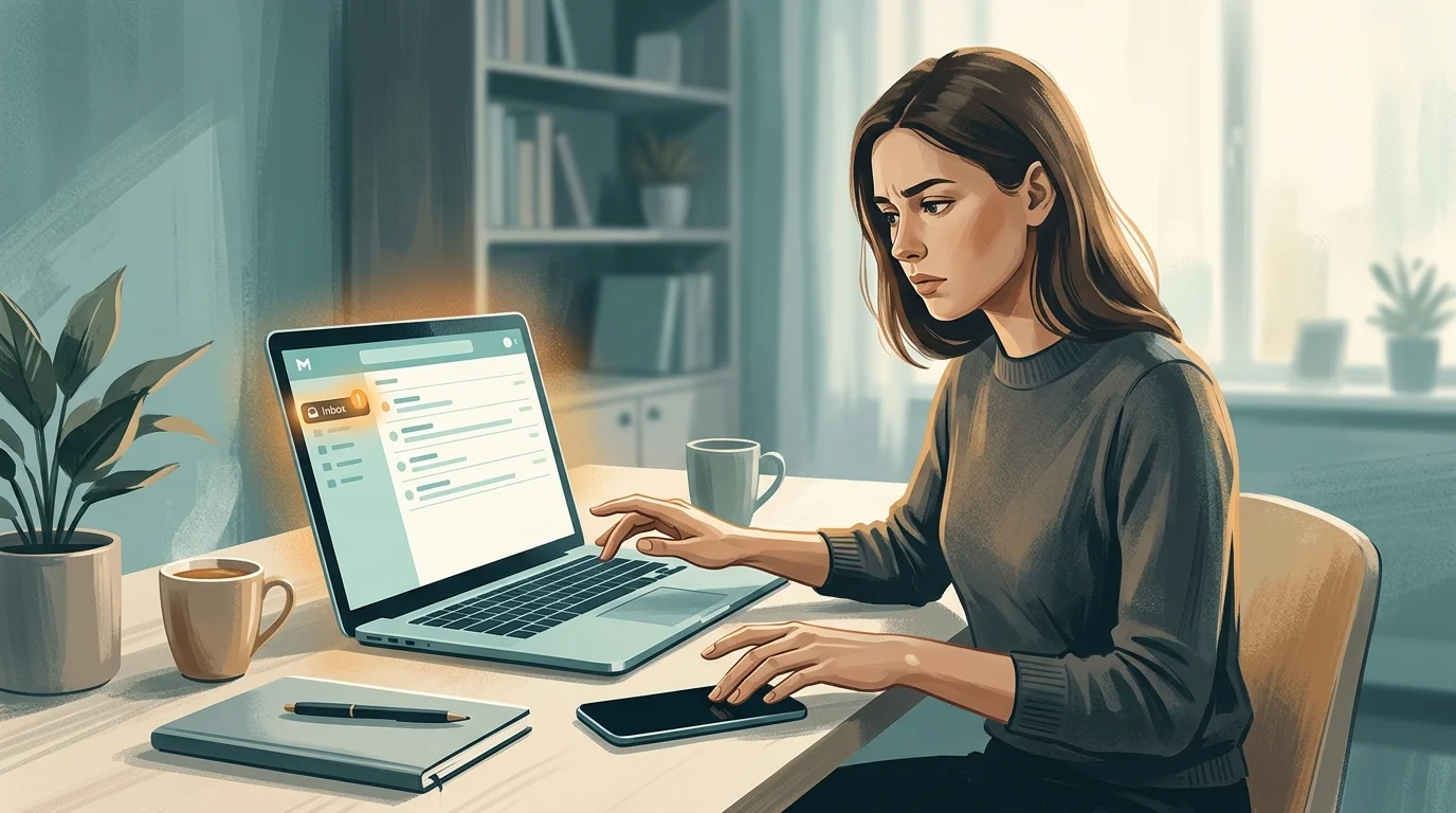Person at a desk glancing at a glowing inbox notification, surrounded by scattered focus, teal tones