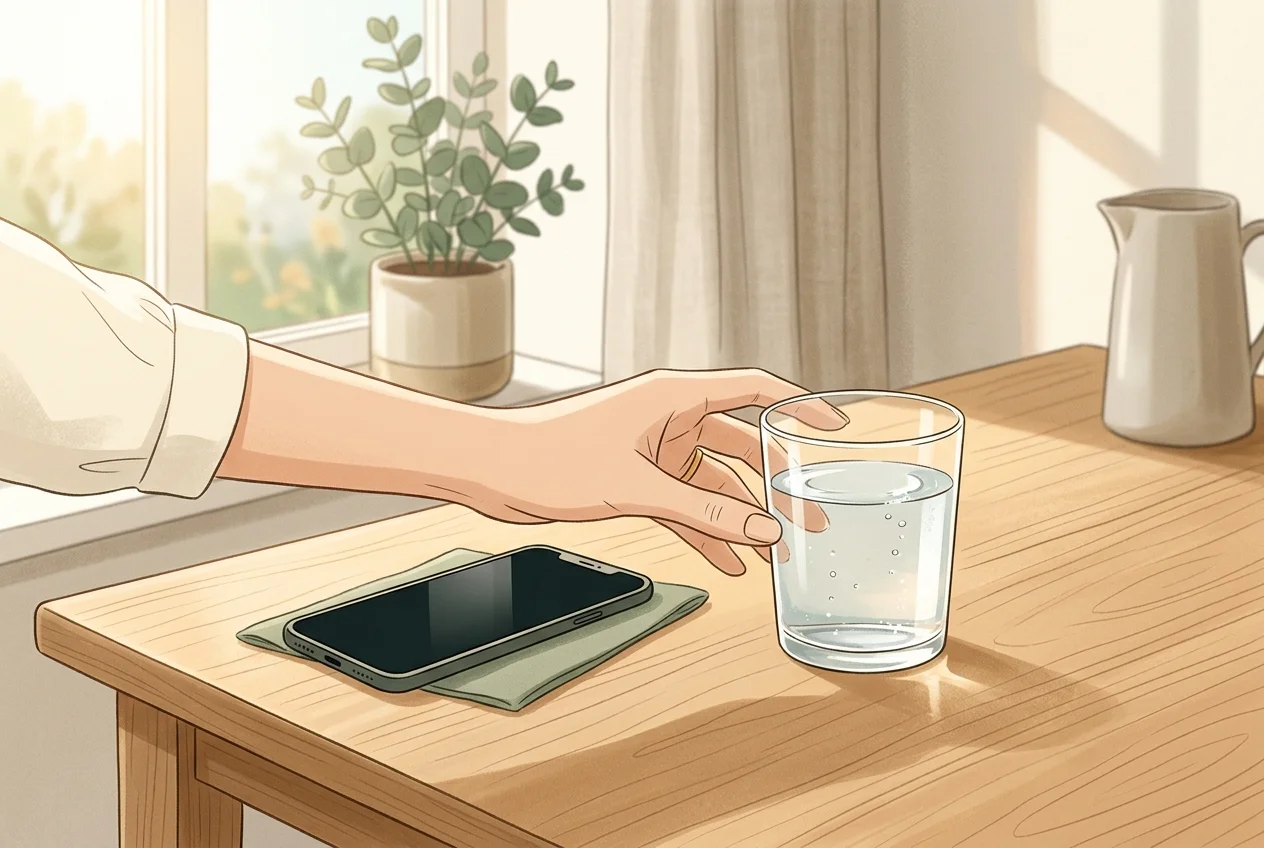 Hand reaching for a glass of water instead of a smartphone on a clean table
