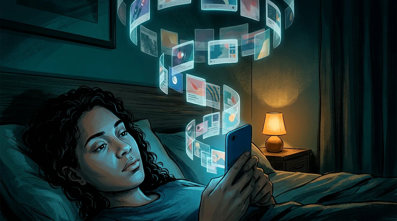Person lying in bed at night scrolling through endless content on their phone