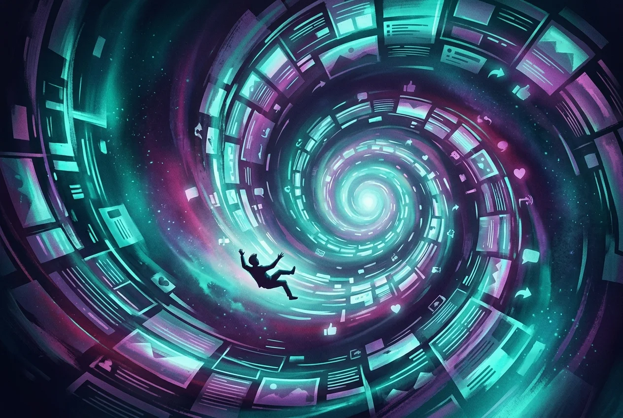 Infinite scroll feed depicted as a spiral vortex pulling a person inward