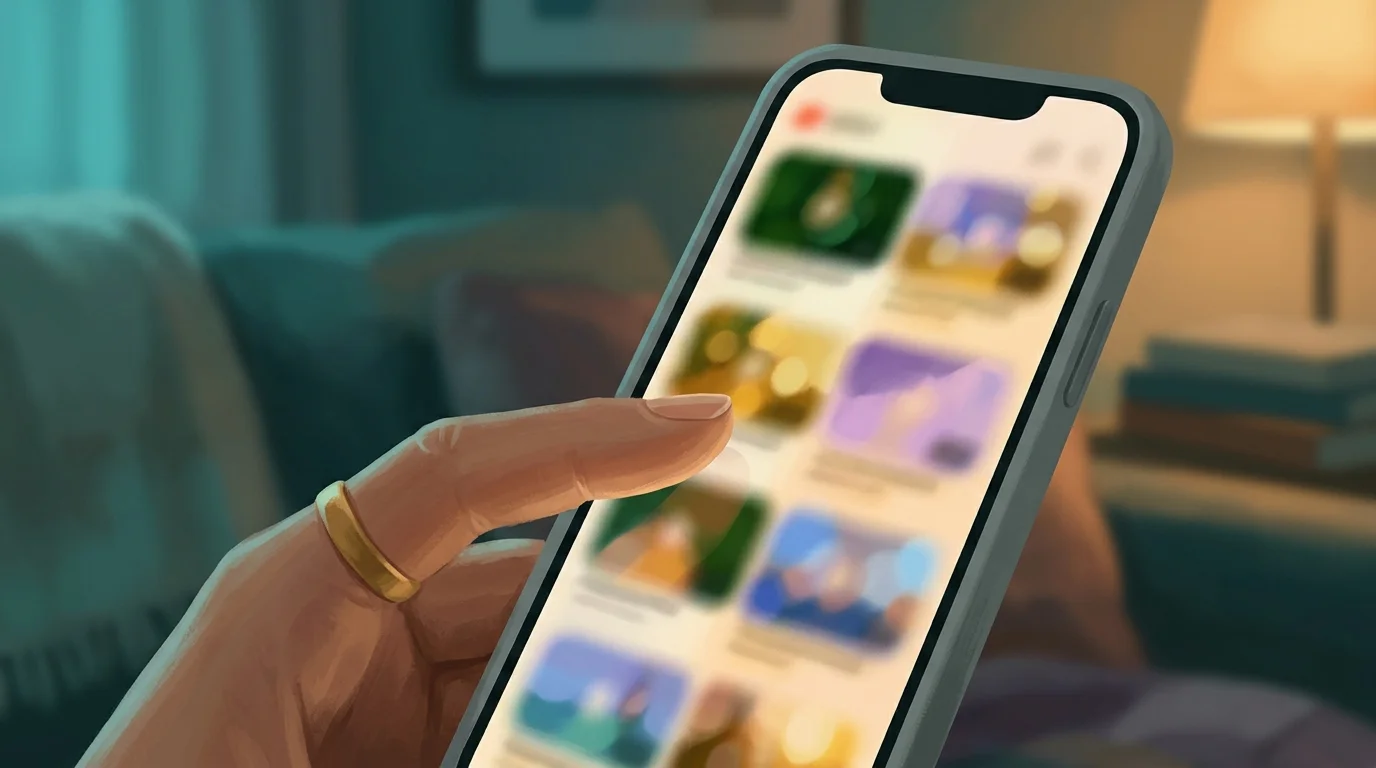 Smartphone displaying a vertical video feed, thumb hovering above the screen about to swipe, soft teal ambient light